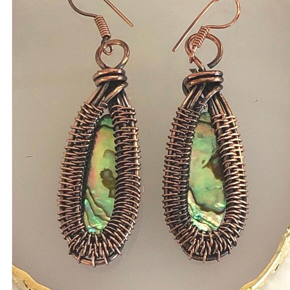Copper Abalone Shell Copper Wire Wrap Dangle Earrings - Picture 2 of 4